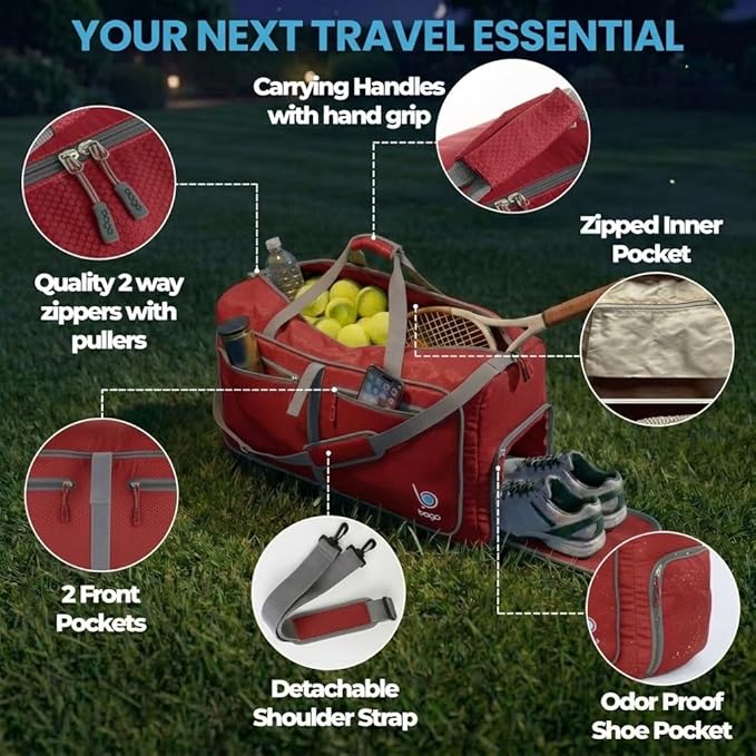 Bago Medium Duffle Bag for Travel Women & Men. Durable Lightweight Foldable Travel Duffel Bags For Traveling Women. 60L Duffle Bags For Overnight Bag With Shoe Compartment Collapsible Weekender duffel