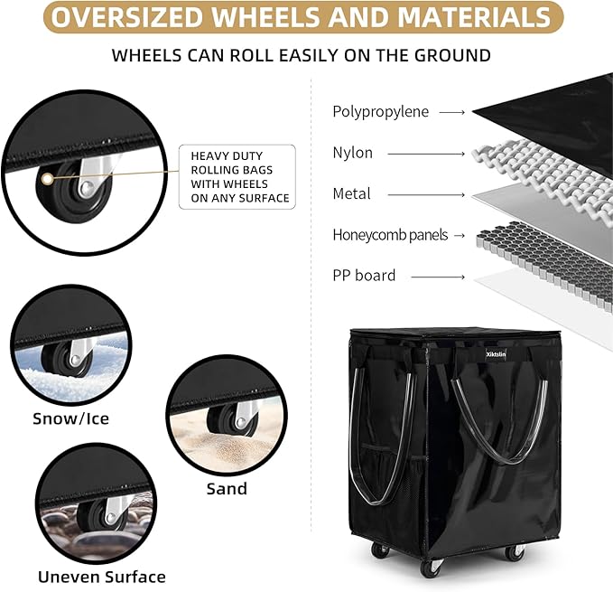 (Medium, Black) Reusable Grocery Bag on 4 Wheels, Foldable Rolling Tote Carries Up to 66lb Shopping Trolley, Rolling Bag with 3 Handles, Zipper Clouser Rolling Tote Bag with Wheels for Laundry