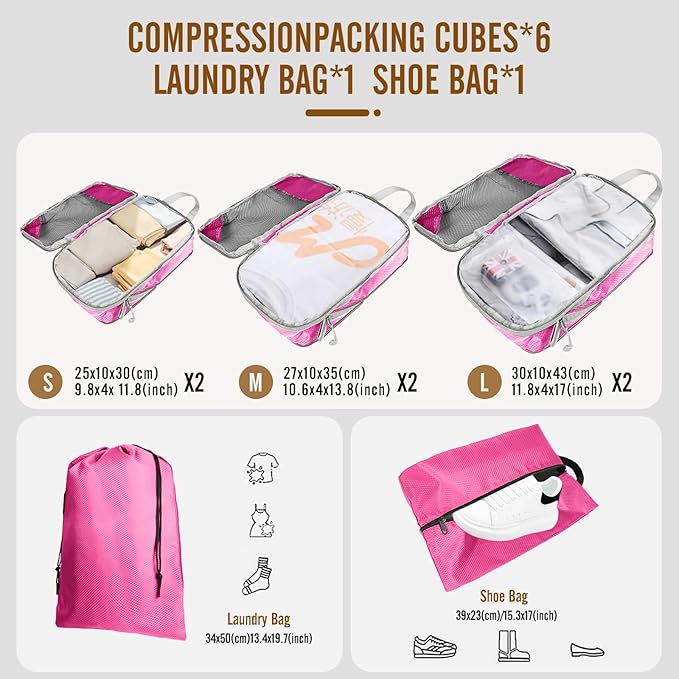 8 Set Compression Packing Cubes for Travel, Expandable Luggage Organizer with Shoe Bag & Laundry Bag - Lightweight Suitcase & Backpack Travel Essentials (Pink)