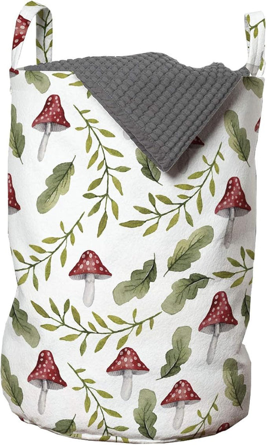 Ambesonne Mushroom Laundry Bag, Watercolor Pattern Green Leaves Forest Elements Botanical Woodland Theme, Hamper Basket with Handles Drawstring Closure for Laundromats, 13" x 19", Green Ruby