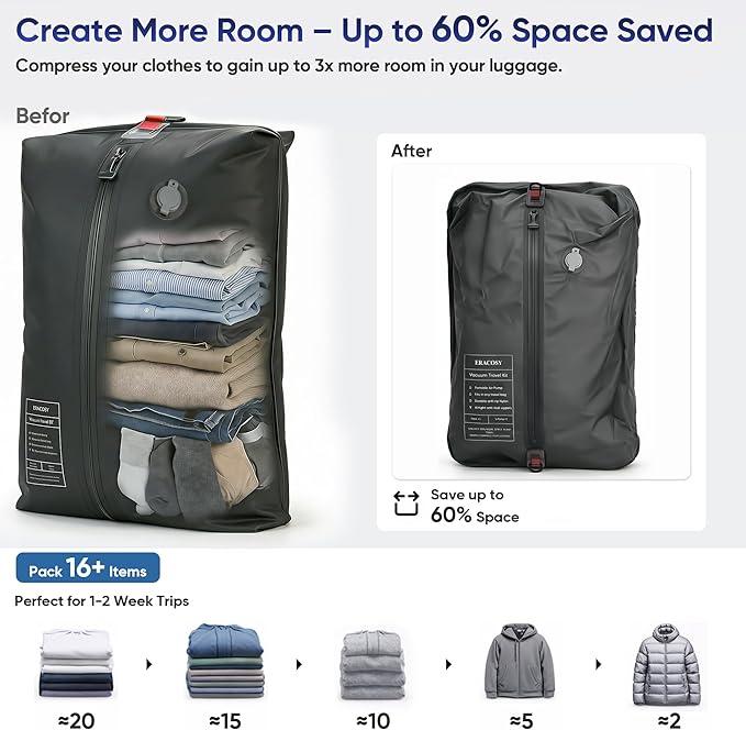 Travel Vacuum Bags with Pump, Compression Bags, Waterproof & Reusable Nylon Vacuum Travel Kit, Portable Space Saver Storage Bags with Wireless Vacuum Pump for Carry-On Backpack & Suitcase, 2-Pack