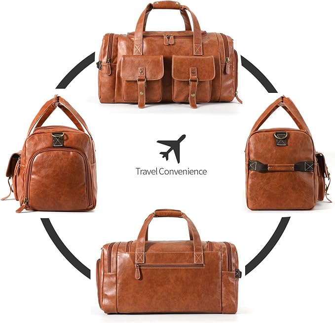 Zeroway PU Leather Travel Duffel Bag with Shoe Pouch Large Carry on Bag Waterproof Weekender Overnight Bag for Men Women Brown