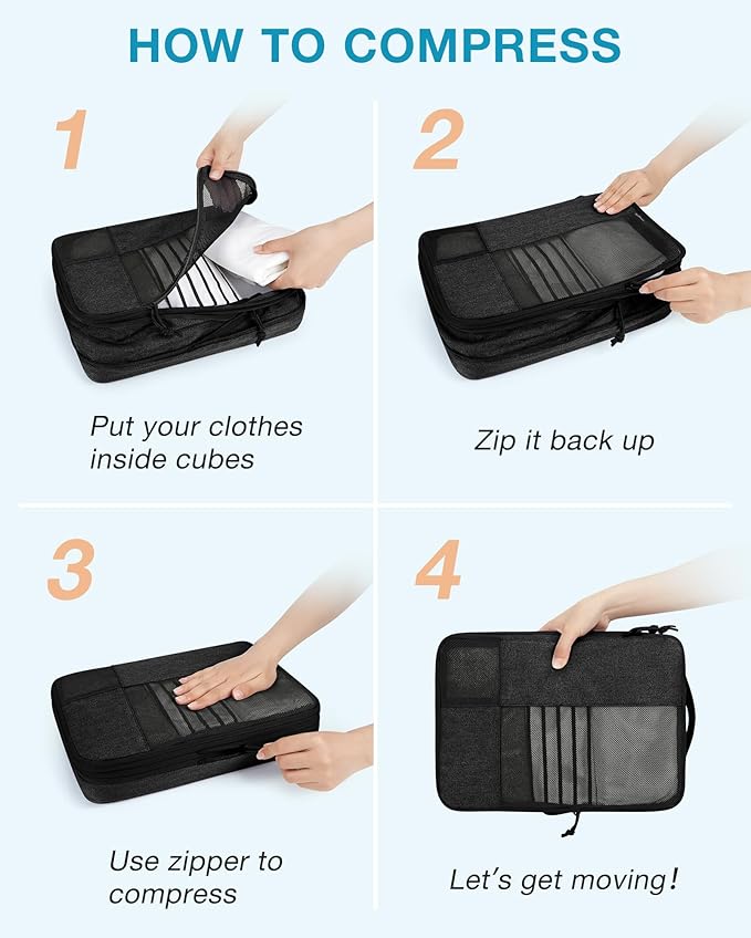 BAGSMART Compression Packing Cubes for Travel, 6 Set Packing Cubes for Carry on Suitcases, Compression Travel Cubes & Suitcase Organizer for Packing with Shoe Bag Black