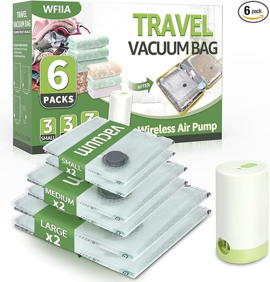 6 Packs Vacuum Bags for Travel with Rechargeable air Pump, 3 Sizes Vacuum Seal Bags for Clothing, Space-Saving Compression Storage Bags for Travel & Closet Organization