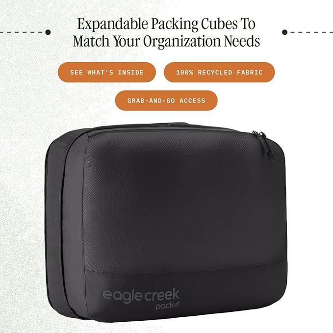 Eagle Creek Pack-It Reveal Expansion Cube - Adjustable Storage Expansion Cube for Travel - Durable Compression Zipper - Water-Resistant - Sustainable - Large - Black