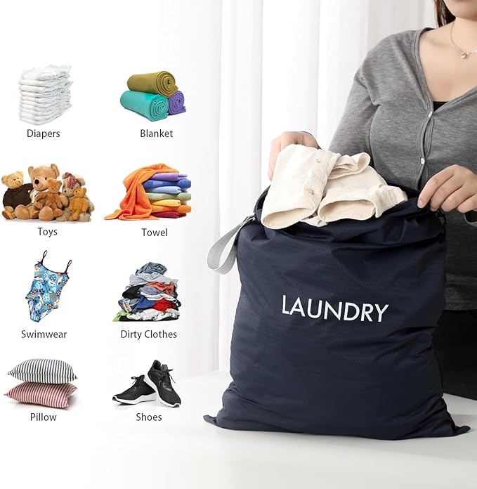 WiseBoy 2 Pack Travel Laundry Bags for Dirty Clothes, Water-Resistant Nylon Wet Dry Bag with Zipper, Odor-Proof Washable Pouch for Gym, Swimming, College Dorm & Suitcase Organization