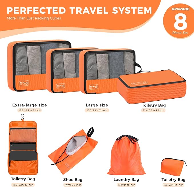 8-Piece Compression Packing Cubes for Travel, Bright & Lightweight Luggage Organizer System for Outdoor Travel & Adventure, Space Save for Backpack, Duffel Bag & Suitcase- Orange