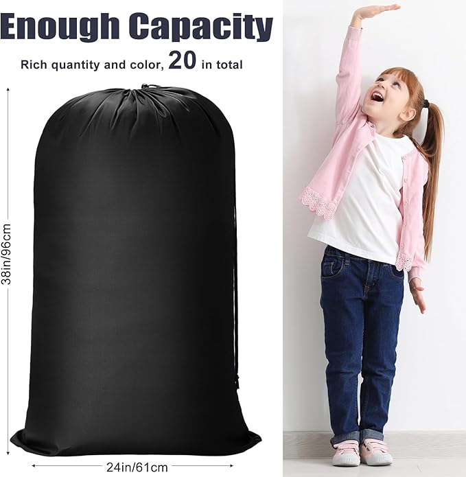 Nuogo 20 Pcs Laundry Bag Washable Travel Laundry Bags with Drawstring Lock Closure Large Heavy Duty for Camping Tent Blankets Dirty Clothes Yarn Fabric Storage, 38 x 24 Inches(Black Color)