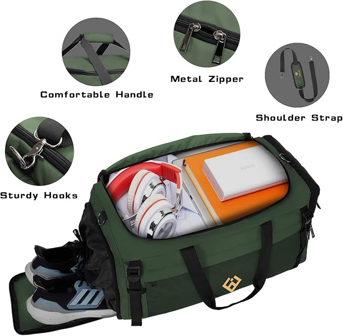 Extra Large Sports Gym Bag, Travel Duffel bag with Wet Pocket & Shoes Compartment for men women, 85L, Lightweight （Green）