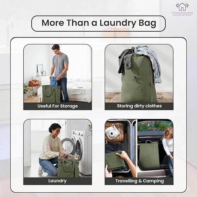 LFH Home Large Premium 1pack Cotton Canvas Laundry Bag with Drawstring and Handles Heavy Duty, Multi-Use, and Washable for Home, Travel, College or Storage 28x40-Militray Green