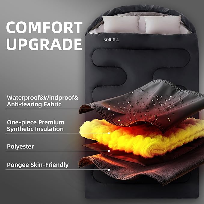 Double Sleeping Bags for Adults with Pillows Queen Size XL Camping Waterproof Sleeping Bag with Compression Sack for Kids for Hiking Backpacking 2 Person Cold Warm Weather Outdoor Indoor