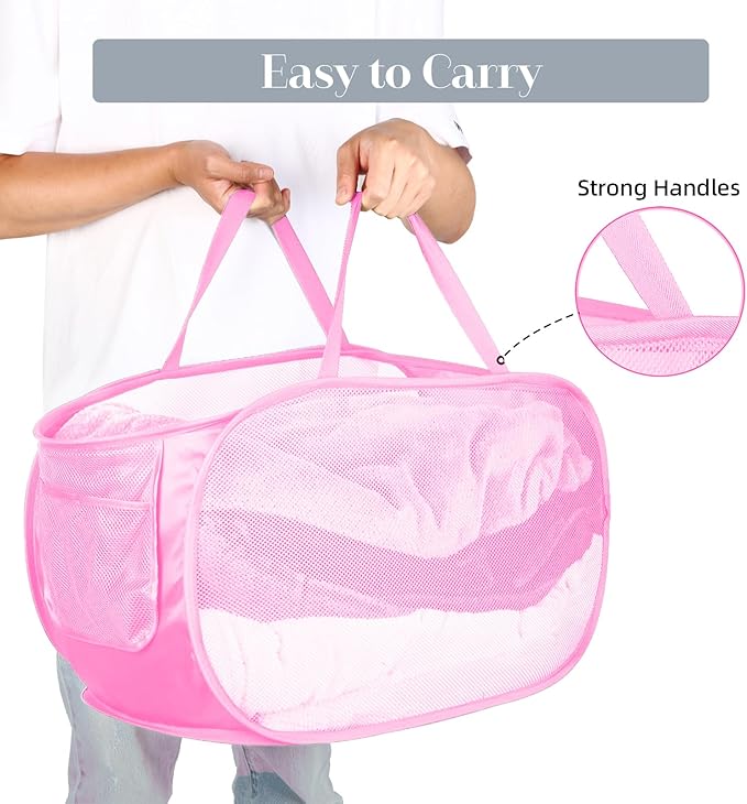 4 Pcs Durable Collapsible Laundry Baskets, Foldable Large Opening Pop Up Laundry Hamper with Pocket, Clothes Hamper with Handles for Laundry, Bathroom, Kids Room, Dorm or Travel Pink