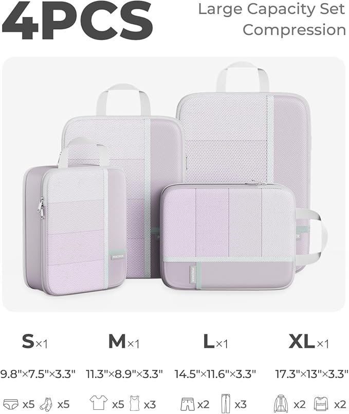 Percover Compression Packing Cubes for Travel, 4-Piece Structured Compression Organizer Set with Label Pockets for Carry-On & Checked Luggage, Purple
