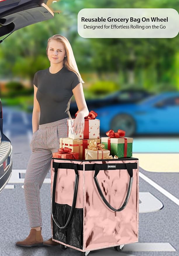 (Medium,Rose Gold) Reusable Grocery Bag on Wheels, 70L Foldable Rolling Tote, Carries Up to 66 lbs Shopping Trolley, Zipper Clouser Shopping Carts for Trips, Laundry, 4 Heavy Duty Wheels and 3 Handles