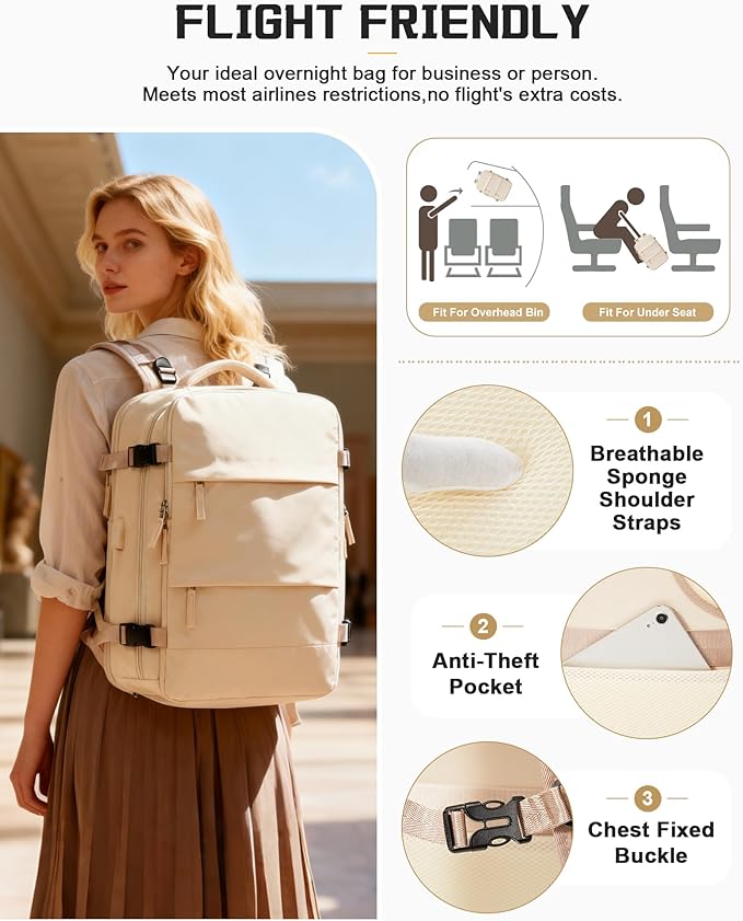 wepadre Vacuum Backpack Travel with Pump Travel Backpack with Vacuum System Expandable Vacpack Compression Backpacks for Travel Easy Vac Pack Carry on Luggage Beige