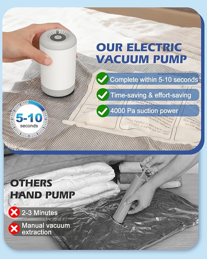 Fantictas Travel Vacuum Storage Bags with Rechargeable Air Pump, 10 Pack Portable Space Saver Bags, Compression Bags for Clothing, Bedding, Seasonal Storage & Packing Bags for Moving
