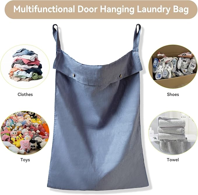 100% Linen Hanging Laundry Hamper Bag 20x27 Inch, Over the Door with 2 Buttons and Bottom Zipper Saving Space Wall Back organizers For Dirty Clothes Dorm Travel College Camp Sock Large Capacity,Blue