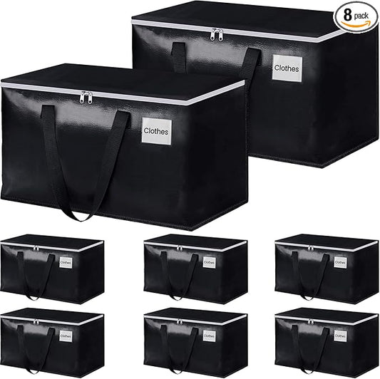 StorageRight Heavy Duty Moving Boxes-Moving Bags with Zipper, Reinforced Handles and Tag Pocket-Collapsible Moving Supplies-Totes for Storage Great for moving, Storage and Travel 93L(Black-8 Pack)