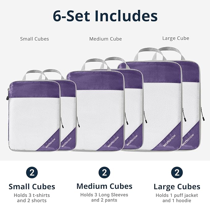 NICOSHOW Compression Packing Cubes 6 Set, Compressible Space-Saving Packing Cubes for Travel - Compression Bags, Luggage Organizer, Travel Essentials for Women, Purple