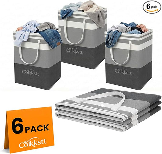 6 Pack Large Laundry Hamper Collapsible Clothes Basket Storage Bin,Waterproof Fabric Long Handles Folding College Dorm Essentials Bedroom Home Organization Dirty Washing（Grey,75L×6）