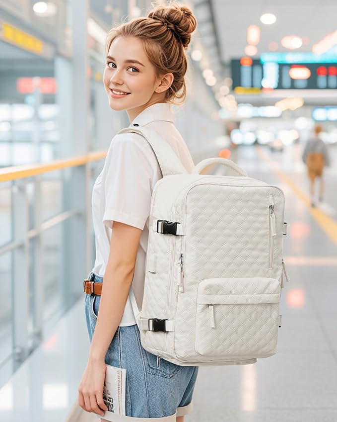 WONHOX Travel Vacuum Storage Backpack with Air Pump Vacuum Seal Compression Space Saver Bags Clothing Vacpack 18x14x8 inches Travel Bag Carry on Personal item Laptop Work Backpacks Women Men Beige
