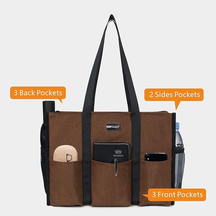 TOPDesign Utility Water Resistant Tote Bag with 13 Pockets, Top Zipper Closure & Thick Bottom Support, for Working Women
