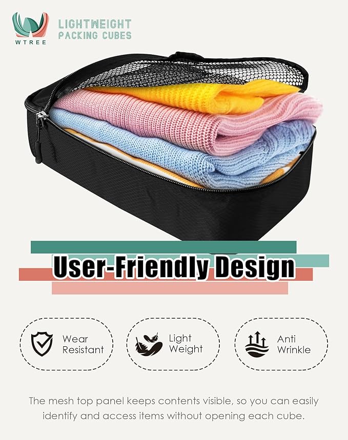 WTREE 4-Piece Packing Cubes Travel Accessories Set for Suitcases - Luggage Organizer Bags with Double Zipper - Mesh Top - Medium - Black