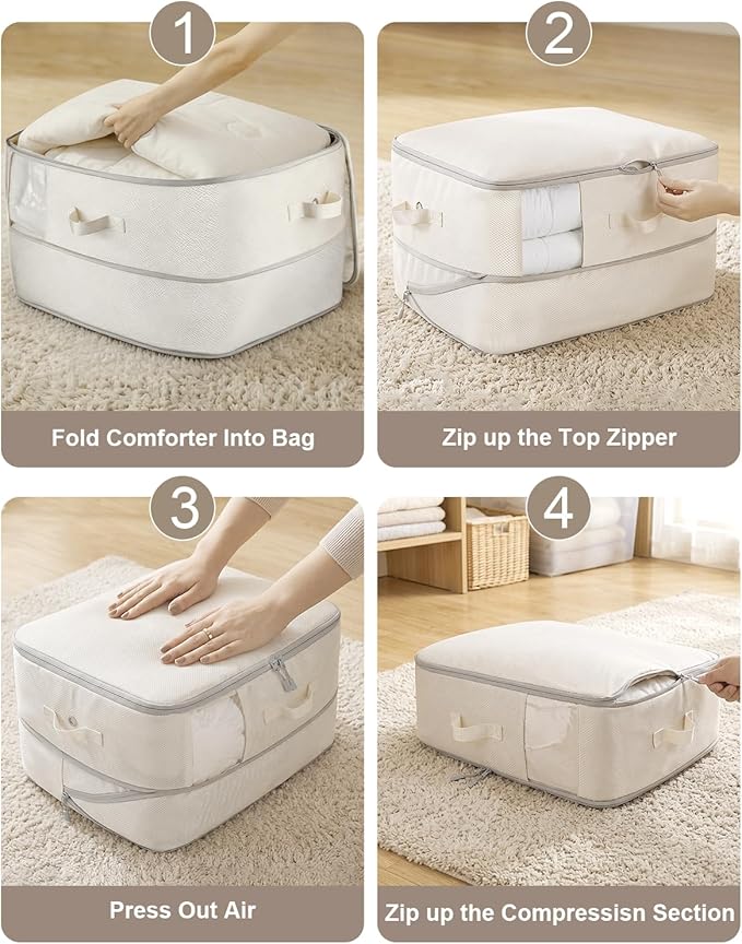 Comforter Storage Bag - 2-Layer 2-Pack Self Compression Organizer, Closet Organizers and Storage, Under Bed Space Saver, Blanket Organizer for Bedding, Pillow, Sheet, Clothes, Nursery Use