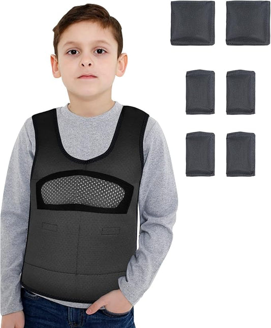 Compression Vest for Kids (Large, Ages 10+) Weighted Vest for Kids Including 6 Removable Weights Black