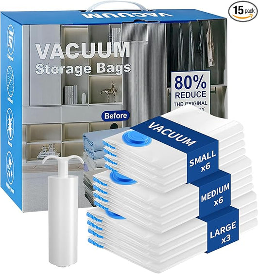 Vacuum Seal Bags for Clothing Travel, Large Space Saver Storage Bags (15 Pack) - Thickened Waterproof Compression Packing Cubes for Luggage, Mattress & Blanket Storage, Hand Pump Included