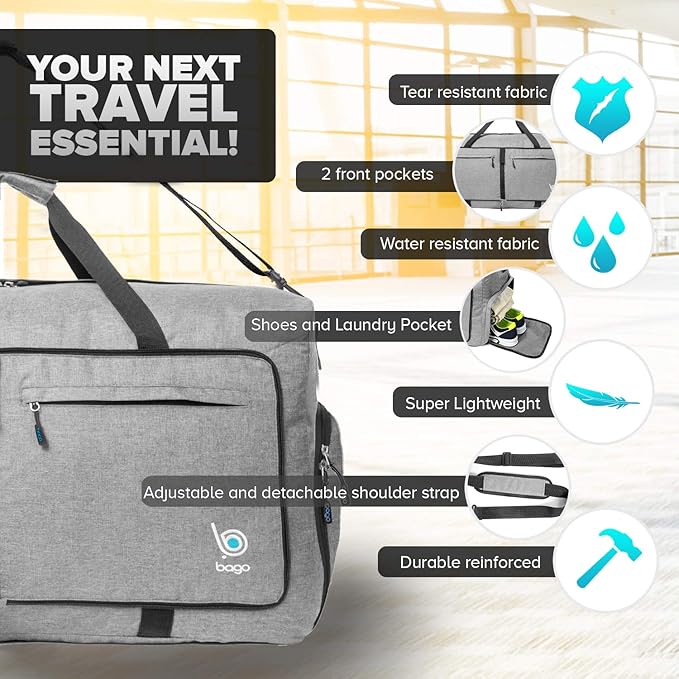 Bago Extra Large Duffle Bag for Travel Women & Men. Durable, Lightweight, Foldable Travel Duffel Bags For Traveling Women. 140L Duffle Bags Use As a Weekender Bag with Shoe Compartment, Checked Duffel