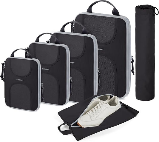 BAGSMART Compression Packing Cubes, 6 Set Packing Cubes for Suitcases, Lightweight Suitcases Organizers Bag Set & Compression Travel Cubes, Travel Essentials Packing Organizers Black