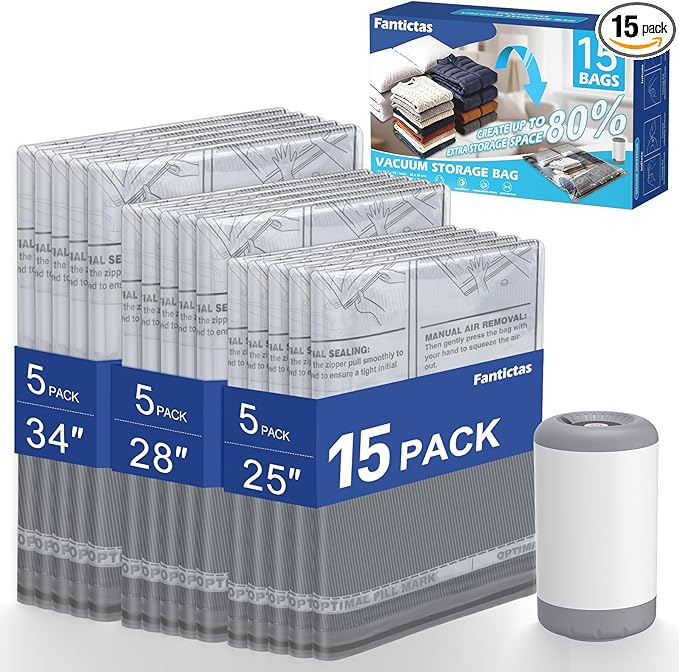 Fantictas Travel Vacuum Storage Bags with Rechargeable Air Pump, 15 Pack Portable Space Saver Bags, Compression Bags for Clothing, Bedding, Seasonal Storage & Packing Bags for Moving