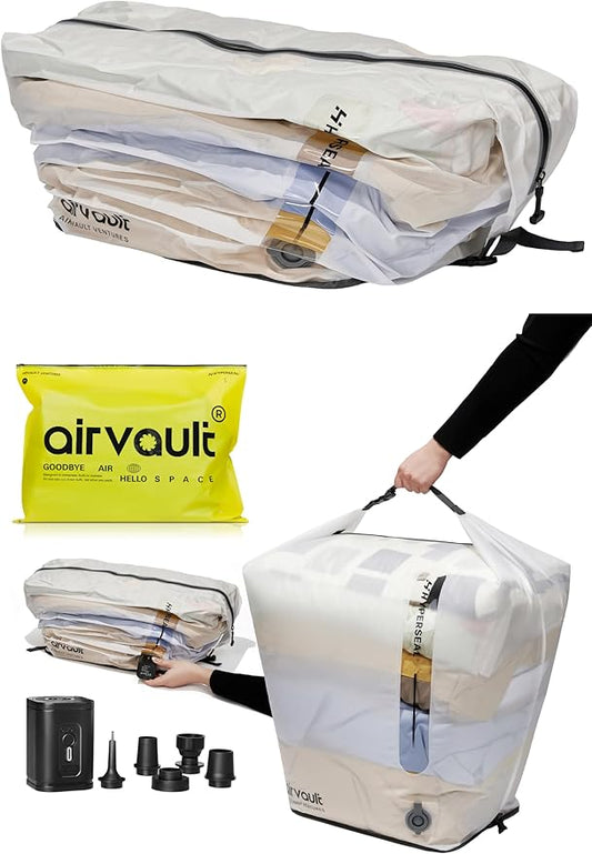 AirVault Premium Reusable Vacuum Seal Storage Bag for Carry On Suitcases & Backpack, Space Saver Airline Travel Vacpack, Pump Included (80L Tapered Duffle, 2-Pack)