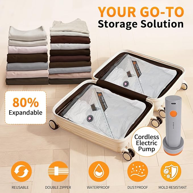 Vacuum Storage Bags, Travel Vacuum Bags with Portable Electric Pump, Space Saver Compression Bags for Travel, Luggage, Suitcase, Vacuum Seal Bags for Clothing, Bedding, Large Items-12 Combo Set