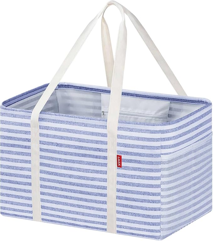 LHZK Standing Utility Tote Bag with Metal Wire Frame and the Sides Rinforced, Large Tote Bag with Handle, Reusable Grocery Bags Foldable, Beach Bag, Car Tote (Blue, 18.5''x11.8''x11.5'') | Metal Wire Frame