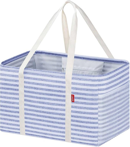 LHZK Standing Utility Tote Bag with Metal Wire Frame and the Sides Rinforced, Large Tote Bag with Handle, Reusable Grocery Bags Foldable, Beach Bag, Car Tote (Blue, 18.5''x11.8''x11.5'') | Metal Wire Frame