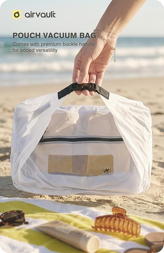 AirVault Premium Reusable Vacuum Seal Storage Bag for Carry On Suitcases & Backpack, Space Saver Airline Travel Vacpack, Pump Included (12L Pouch, 3-Pack)