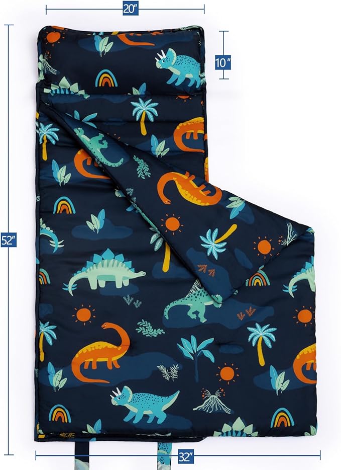 PHF Navy Dinosaur Toddler Nap Mat Set, with Removable Pillow for Toddler Boys, Soft and Lightweight for Daycare, Preschool, Travel, Kindergarten Sleeping Bag, Fits Ages 3-6 Years, Large Navy Dinosaur