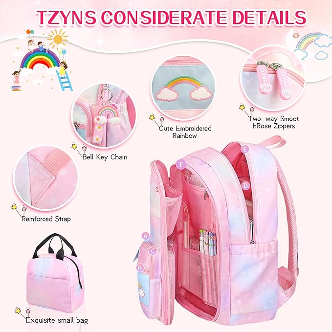Starry Rainbow Backpack Kawaii School Students Backpack Cute Large Capacity Kids Bookbag Multifunction Fashion Casual Laptop Travel Bag For Boy Girl (Pink-17inch)