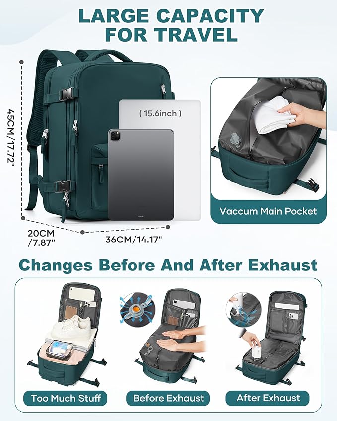 WONHOX Vacuum Travel Backpack Women,Carry On Backpack Flight Approved 18x14x8 inches Bag Spirit Airlines Personal ltem,College Sports Hiking Rucksack Laptop Blackpack mochila de viaje,PeacockBlue
