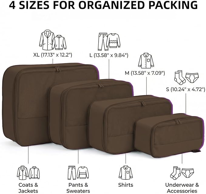 4 Piece Compression Packing Cubes for 3–7 Day Travel, Space Saving Travel Organizers with Breathable Mesh, Double-Zipper Packing Cubes for Carry-On & Suitcases (Gray)