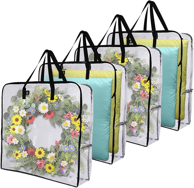 VENO 4 Pack Clear Moving Bags, Fits 30" Wreath & Storage Totes, Heavy Duty Packing Bags with Handles for Clothes & Bedding