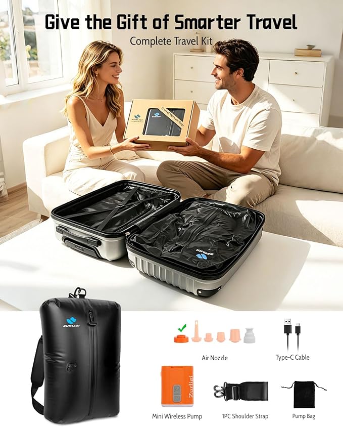 Zurligi Travel Vacuum Bag Kit with Wireless Pump, IPX8 Waterproof Durable, Airtight Heavy-Duty Zipper, Portable Reusable Compression Packing Cubes with Shoulder Strap for Travel, Moving, Home Storage