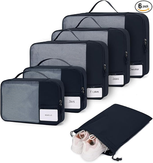 ECOHUB 6 Set Packing Cubes for Travel Durable Suitcase Organizer Bags Set with Personalized Tag Travel Essentials with Shoe Bag Traveling Accessories for Luggage Machine Washable, Navy Blue