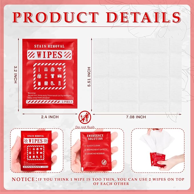 Timgle 200 Pcs Instant Stain Remover Wipes Individual Wrapped Stain Remover Wipes Bulk Portable No-rinse Cleaner for Clothes Fabric Coffee Grease Travel Purse Diaper Bag Car Laundry (Red)