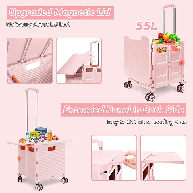 FELICON SELORSS Folding Utility Cart Rolling Crate Tote Basket Box Storage Handcart on 4 Swivel Wheels with Adjustable Handle Extended Magnetic Lid for Teacher Move Shop Travel Grocery Office(Pink)