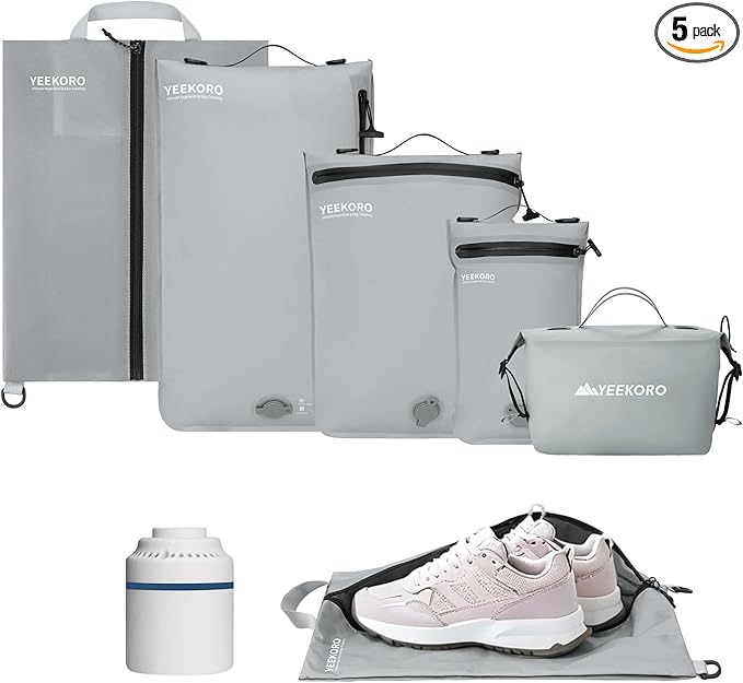 5 Set Vacuum Bags for Travel, Professional IPX8 Reusable Organizer, Compression Packing cube for Suitcases, Durable Seal Space Saver Bags -Traveling Essentials (Grey with Pump)