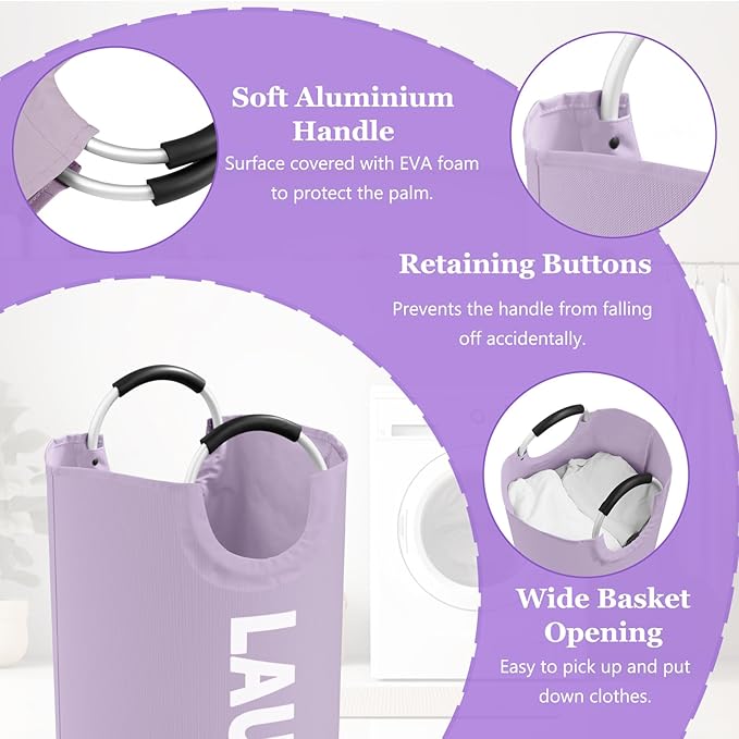 3Pack Folding Clothes Hamper with Handles, 95L Tall Laundry Basket Organizer, Durable Laundry Bags, Large Dirty Clothes Hamper for Family, Travelling, Camping, Purple + Pink + Black