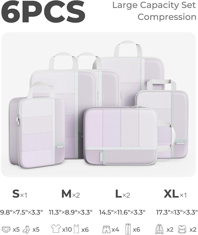 Percover Compression Packing Cubes for Travel, 6-Piece Structured Compression Organizer Set for Organized Packing & Carry-On Luggage, Purple